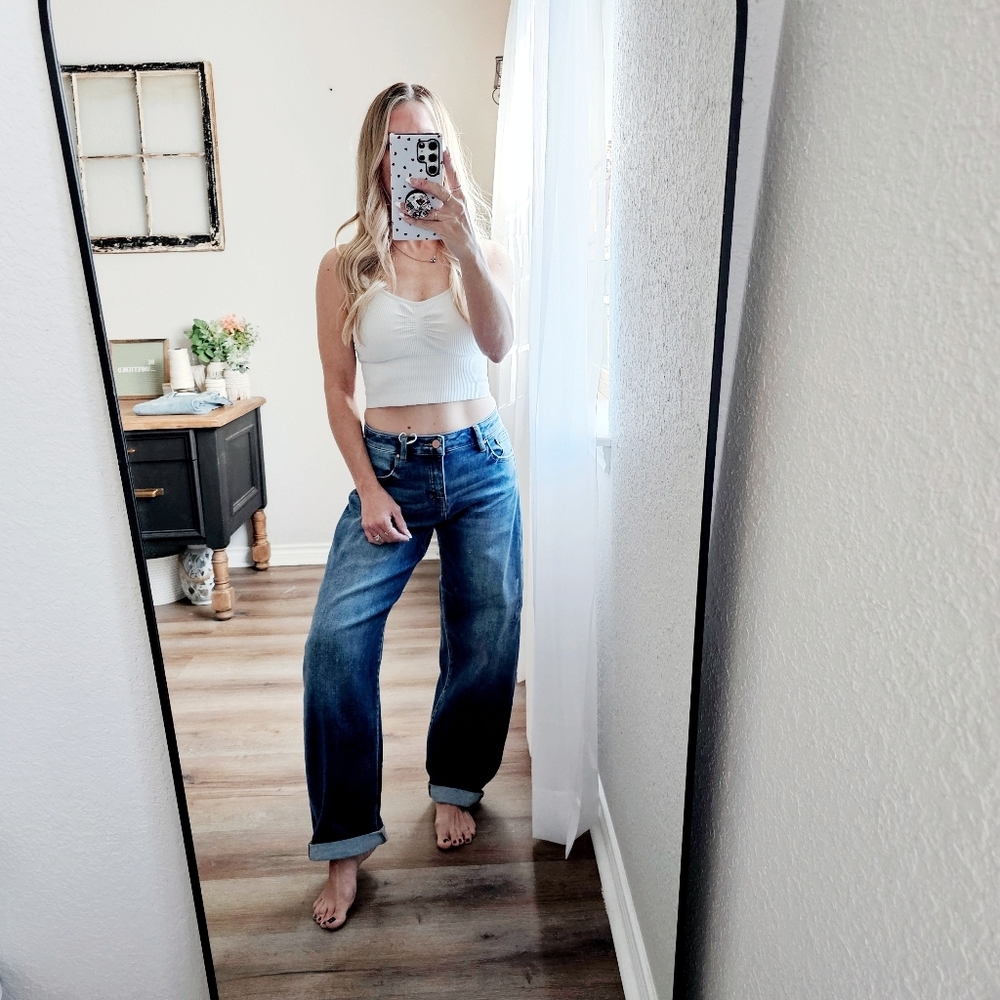 RISEN Mid Rise Dark Wash Barrel Jeans Double Roll Cuffed Full Length Various NEW - Picture 5 of 15